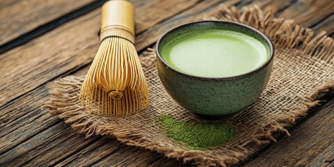 A green and white ceramic bowl filled with matcha tea, a bamboo whisk, and a piece of green tea powder on a rustic wooden table with a burlap placemat.