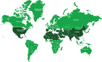 Green World Map Vector Highlighting North Africa, Middle East, and Asia
