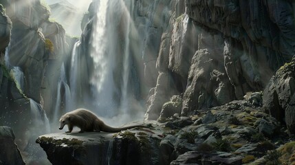 Obraz premium A furry animal gazes at cascading waterfalls in a sun-drenched canyon setting