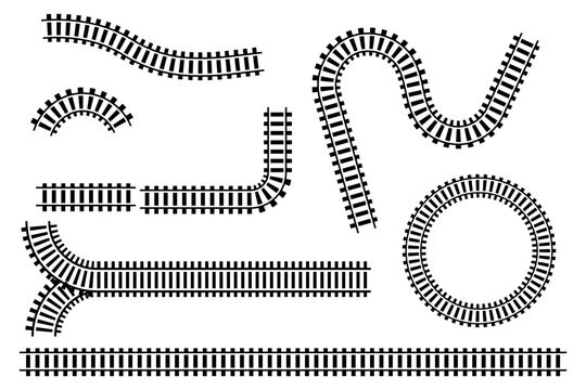 Vector illustration of diverse black and white railroad track segments including straight, curved, circular, and junction pieces for various design and engineering projects.
