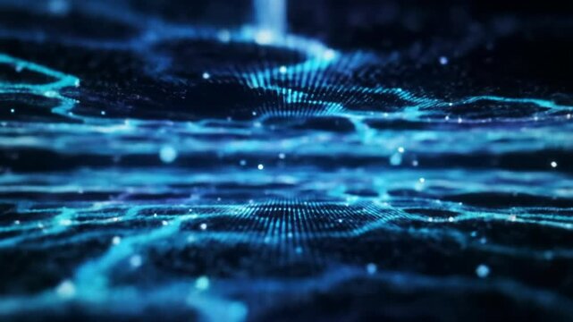 A slow dolly-in video through an infinite digital void, deep cosmic blue to black, with electric blue, cyan, purple data streams forming neural patterns and glowing nodes. Concept of limitless