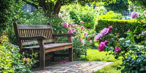 A wooden bench with pink roses in a lush garden, surrounded by greenery and a tree.