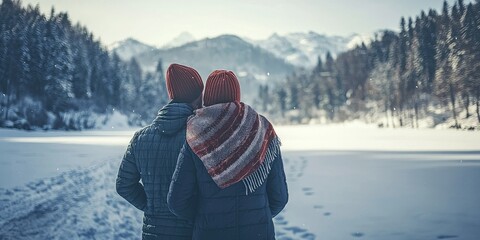 A couple embracing in a snowy landscape, wearing winter clothing, with a mountain range in the background.