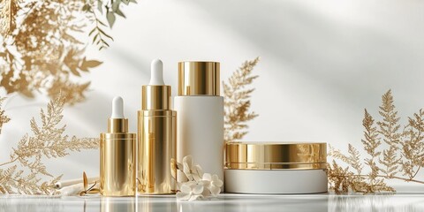 A set of gold and white skincare products with golden leaves in the background.