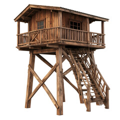 Rustic wooden lookout tower with balcony, stairs, and cross beams; isolated on black