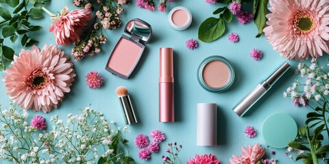Various makeup products and flowers arranged on a light blue background with pink and white flowers.