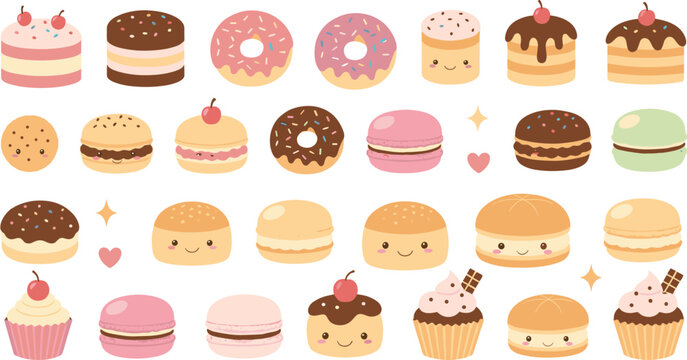 Cute dessert illustration set with kawaii donuts cakes cupcakes macarons cookies and sweet bakery treats