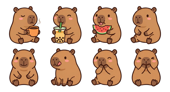 Cute Capybara Kawaii Sticker Pack: Drinking, Eating, Happy & Shy Poses