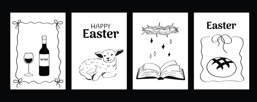 Easter Food and Symbolic Card Collection with Wine, Bread, Lamb and Sacred Imagery
