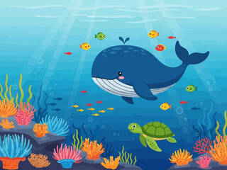 Fototapeta premium Blue Whale Swimming with Sea Turtle.