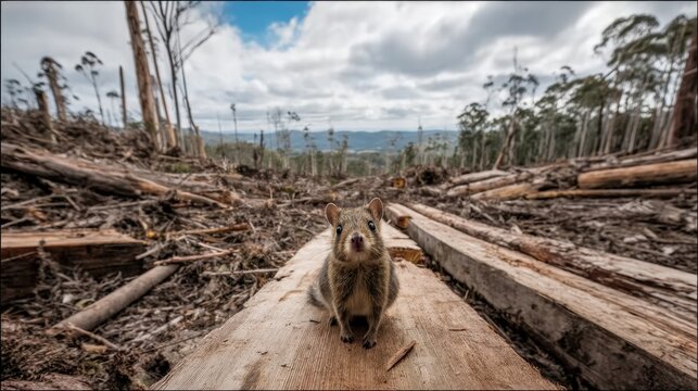 Small animal in a deforested landscape facing the camera amidst fallen logs and stumps in a beautiful natural setting