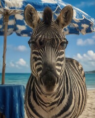 Fototapeta premium a zebra wearing sunglasses relaxing under a beach umbrella on a tropical vacation.