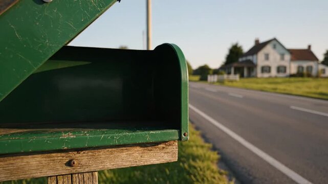 Close-up view of a weathered green mailbox with a picturesque suburban street in background