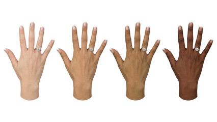 Obraz premium Engagement rings on hands of different ethnicities, isolated on white.