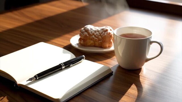 A cup of coffee and a pastry on a wooden table with an open notebook and pen
