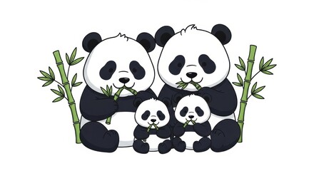 Obraz premium Adorable Panda Family Eating Bamboo