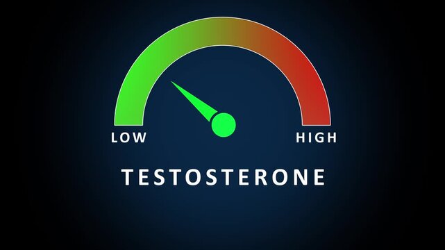 A testosterone level meter gauge a needle in the green zone indicating low levels on a dark background with the word TESTOSTERONE blurred below the dial