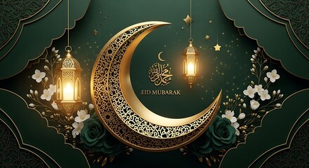 A luxurious Eid Mubarak design featuring a large, intricately carved golden crescent moon amidst elegant green and gold floral patterns, accompanied by hanging traditional lanterns and stars.