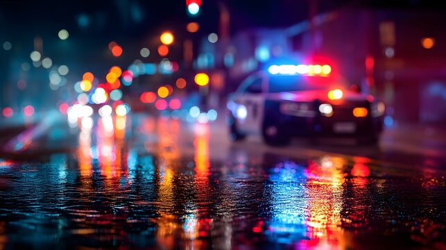 A police car is driving down a wet street at night