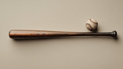 A wooden baseball bat and a white baseball sit on a table