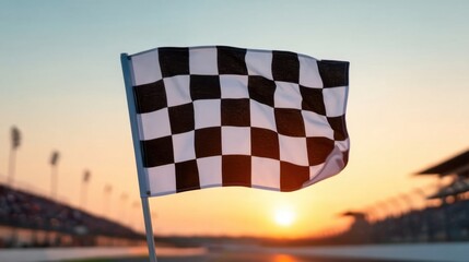 Black and White Checkered Flag Waving in Sunset at Racing Track Event