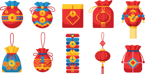 Colorful vector illustrations of Chinese New Year lucky money bags red envelopes and traditional ornaments।