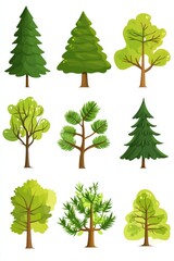Collection of simple cartoon trees in a flat design showcasing various types of forest plants and meadow flora