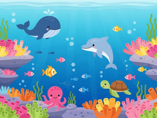 Fototapeta premium Colorful Cartoon Ocean Scene with Marine Life.