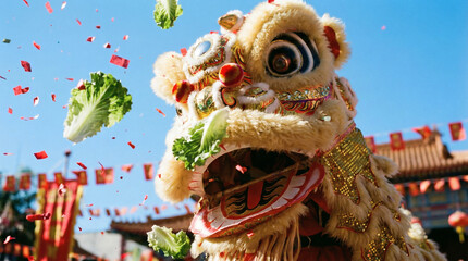 Fototapeta premium Vibrant Chinese Lion Dance Head Plucking Greens under Blue Sky