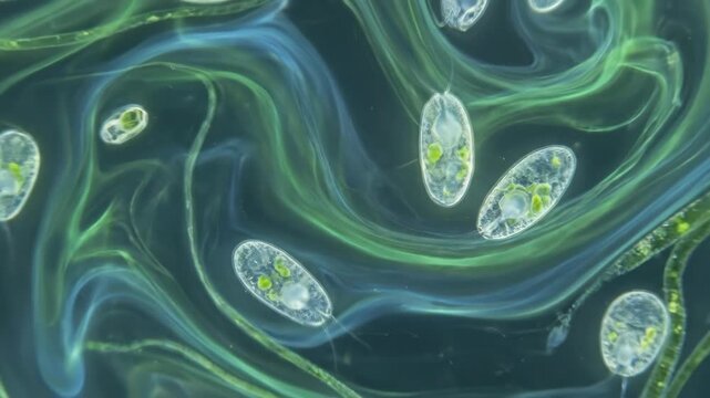 Microscopic World View of Green Algae Spirogyra with Cyan Hues in Flowing Motion Under Darkfield Illumination