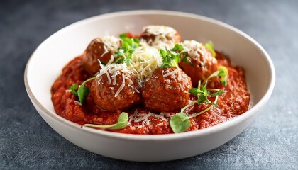 Meatballs Served Over Tomato Sauce In A White Bowl Garnished With Sprouted Greens And Parmesan Cheese Presented As A Hearty Homemade Meal
