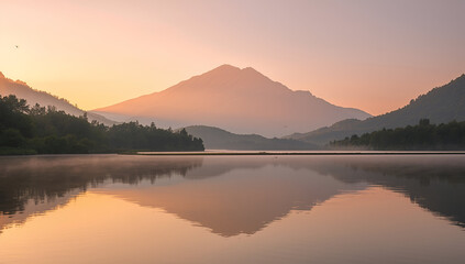 Fototapeta premium Serene Mountain Lake Scene at Sunrise with Calm Water Reflection and Misty Hills in Soft Pastel Colors