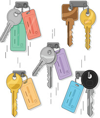 Colorful vector collection of house keys with identified tags and keyrings for property management।