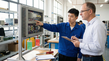 Apprentice presenting control panel for skills assessment.