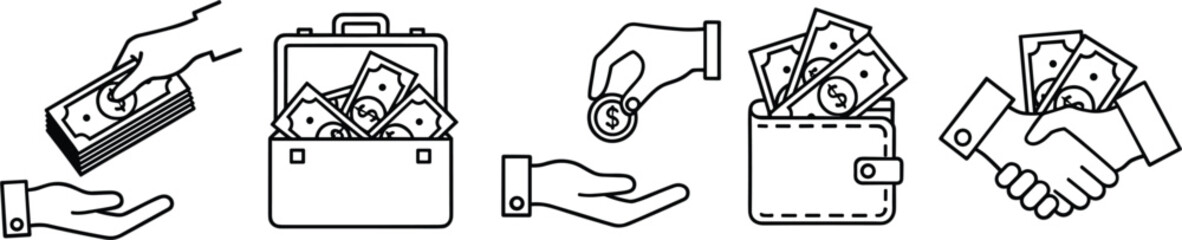 Professional black line vector icons of cash transactions money exchange and financial business deals।