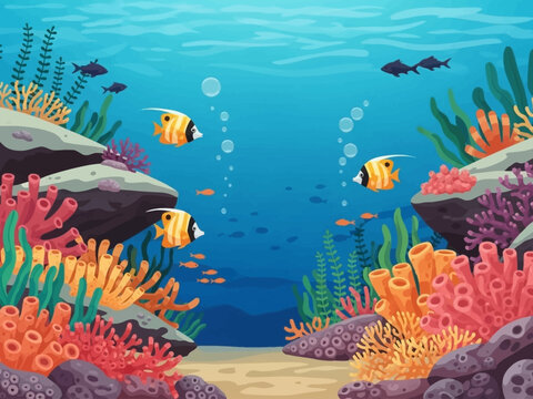 Underwater Scene with Fish and Coral Reef.
