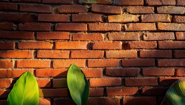 warm golden light illuminates weathered old red brick wall partially covered single lush green leaf serving rustic backdrop