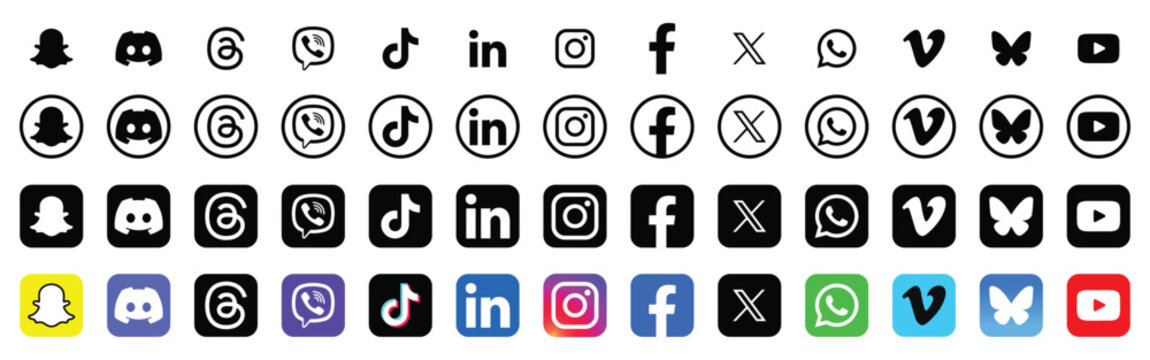 Social media icons 2026. Social network logos vector collection. Instagram, Facebook, YouTube, X , Snapchat, WhatsApp, LinkedIn, Vimeo, TikTok, Viber, Threads, Bluesky, Discord. Editorial icon eps.