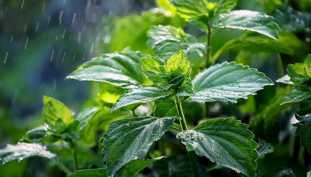 a vibrant rain soaked patchouli plant showcasing rich green hues commonly utilized in fragrances aromatherapy and essential oils