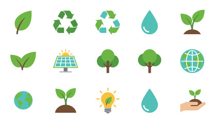 Minimalist Ecology Symbols for Solar Power Wind Turbines and Recycling