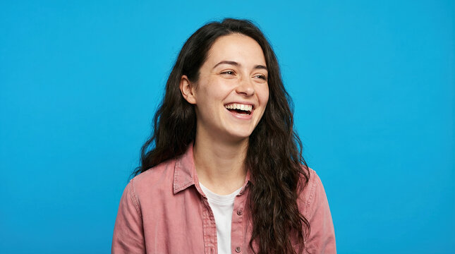 Happy woman smiling with joy against a bright blue background wearing a casual pink shirt