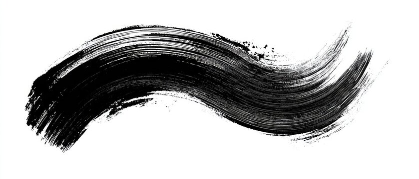 A thick, wavy brushstroke of black paint on a white background. It has texture and taper