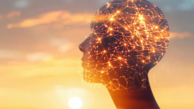 The showcases a concept of artificial intelligence with human-like visualizations of thought patterns. The brain structure is prominently displayed against an orange sky background.