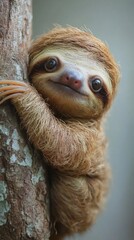 Obraz premium A charming sloth hugging a tree trunk conveys the warmth and harmony of the wild, which would fit perfectly into the atmospheric backdrop for children's books or biodiversity conservation projects.