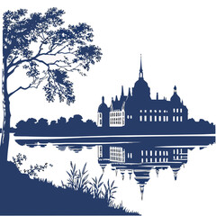 Naklejka premium Silhouette of a historic castle by a lake