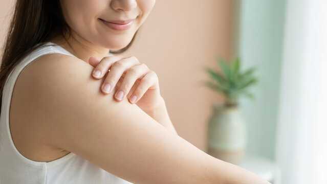 Smiling woman gently touching smooth skin on her arm as part of her daily skin care routine at home