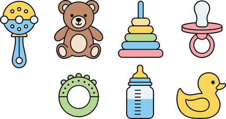 Colorful vector illustration of baby essentials including teddy bear rattle pacifier and toys for newborn care।