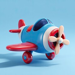 3D-rendered toy airplane with rounded features, vibrant colors, on a blue backdrop