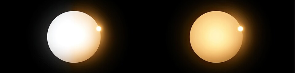 Two luminous orbs, one bright white and the other warm yellow, against a black backdrop