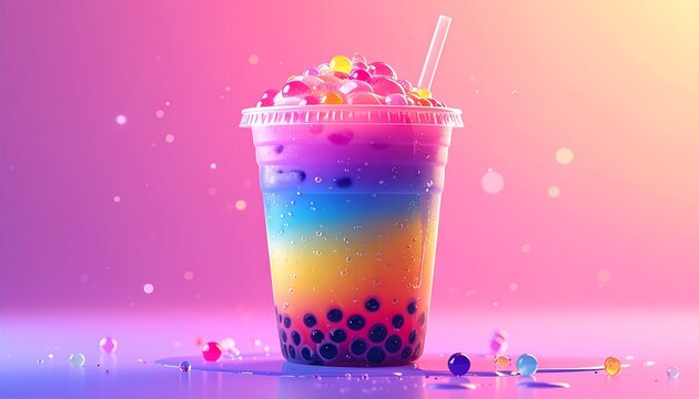 Colorful Rainbow Bubble Tea Drink in Vibrant Pink Background
